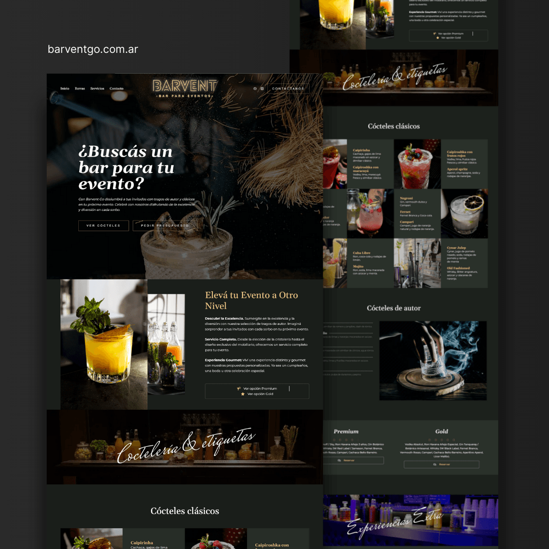 Landing page para barras móviles con tragos y catering Barvent Go