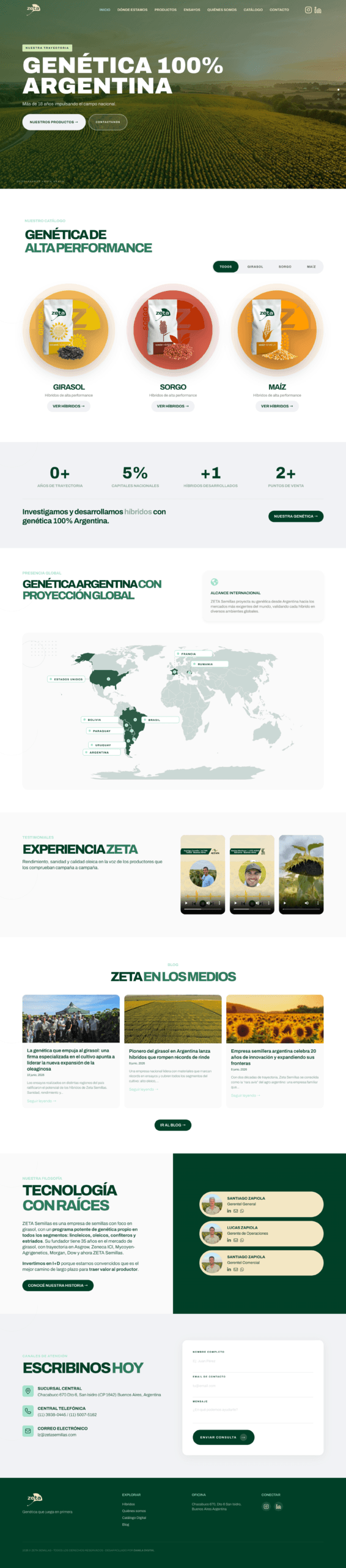 Web ZETA Semillas después del rediseño — presencia digital con proyección global